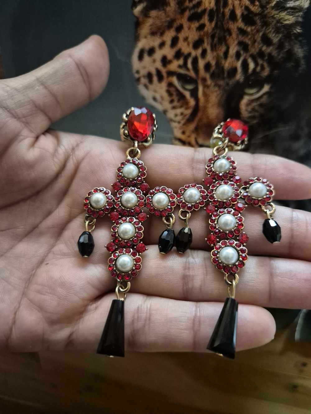 Gold-Tone Red Cross Drop Earrings with Pearl Accents - Women Jewelry